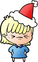 annoyed gradient cartoon of a girl wearing santa hat
