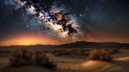 night sky full of stars and the Milky Way over a desert landscape