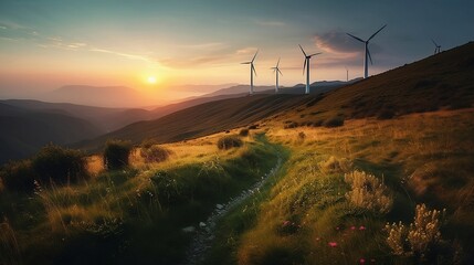 row of wind turbines on a hill during a sunset, beautiful landscape in spring