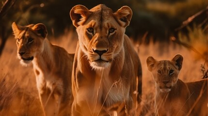 Fototapeta na wymiar lioness and her cubs on a savanna