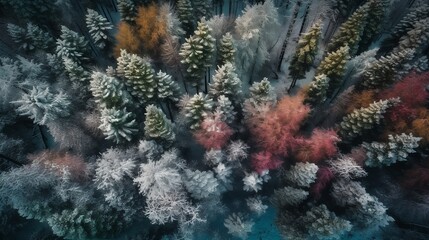 Fototapeta na wymiar snow-covered forest in winter, drone shot