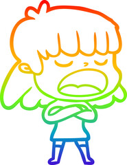 rainbow gradient line drawing cartoon woman talking loudly