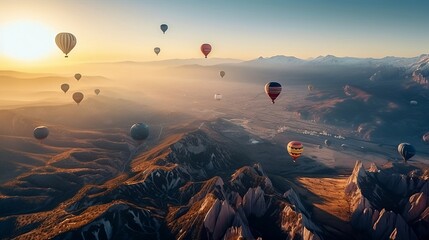 Hot air balloons flying over a mountain range at sunset