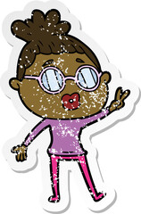 distressed sticker of a cartoon woman making peace sign