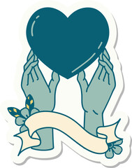 tattoo sticker with banner of a hands reaching for a heart