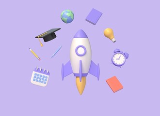 3d rocket and school supplies around, graduate cap, alarm clock, pencil, calendar, book, light bulb. the concept of the pursuit of knowledge.illustration on a purple background.3d rendering - obrazy, fototapety, plakaty