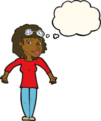 cartoon woman wearing goggles with thought bubble