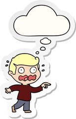 cartoon stressed out pointing and thought bubble as a printed sticker