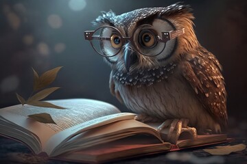 Owl with glasses and book on a dark background. Generative AI