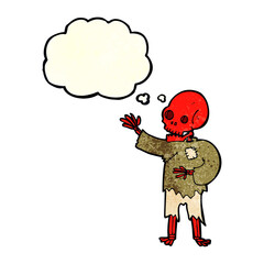 cartoon skeleton waving with thought bubble