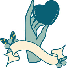 tattoo with banner of a hand holding a heart