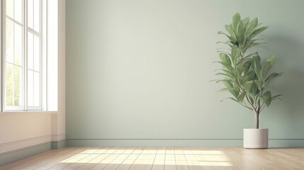 Fototapeta na wymiar Green Oasis: Minimalist House with Sage Green Wall and Green Tropical Tree in White Pot for Home Decoration Created Using Generative AI