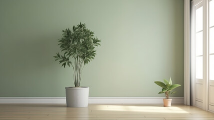 Fototapeta na wymiar Copyspace and Nature: Empty House with Sage Green Wall, Wooden Parquet, and Tropical Tree in White Pot Created Using Generative AI