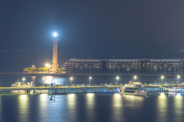 Colorful night view of Bai Chay Bridge, connecting two parts of Ha Long City, Hon Gai City and Bai Chay City through Cua Luc Bay.