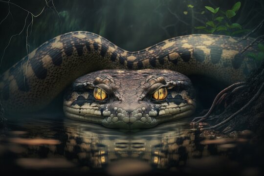 Reticulated python (Python reticulatus) in dark water, Generative AI