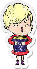 distressed sticker of a cartoon laughing woman