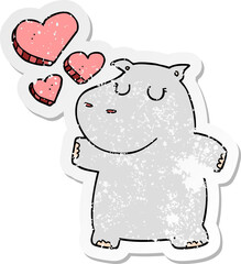 distressed sticker of a cartoon hippo in love