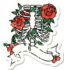 grunge sticker with banner of a rib cage and flowers