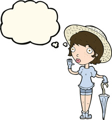 cartoon woman in summer hat waving with thought bubble