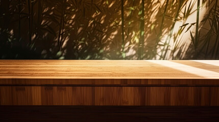 Organic Luxury: Empty Wooden Counter with Leaf Shadow on Brown Wall for Beauty Treatment Product Display Created Using Generative AI