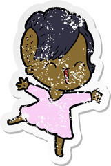 distressed sticker of a cartoon happy hipster girl