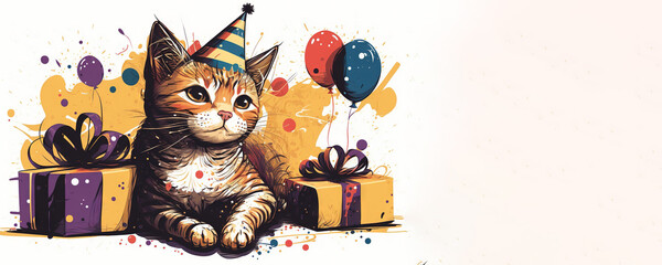 Animal postcard, cat in a party hat, confetti balloons, brush-drawn style, congratulation, celebration, happy birthday, generative ai