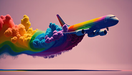 Plane taking off on a white background and releasing smoke with LGBTQ+ colors