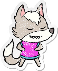 distressed sticker of a friendly cartoon wolf girl