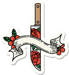 tattoo sticker with banner of a dagger and flowers