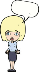 cartoon woman shrugging shoulders with speech bubble