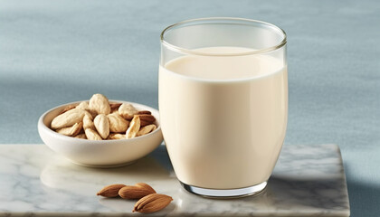 Glass of almond milk with illuminated background.. International milk day.