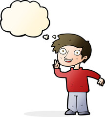 cartoon boy posing for photo with thought bubble