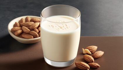 Delicious almond milk in glass cup on wooden table and almonds on a plate. International milk day.
