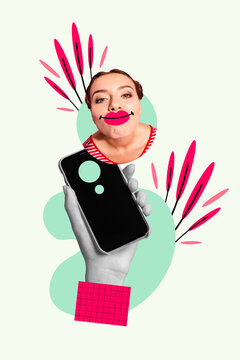 Conceptual photo collage young blogger girl making face filter instagram snapchat facebook enlarge lips avatar messenger app
