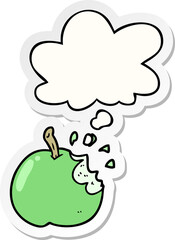 cartoon bitten apple and thought bubble as a printed sticker