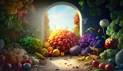 Obraz na płótnie Canvas Abundant Harvest of Fruits and Vegetables in a Colorful Display Created Using Generative AI