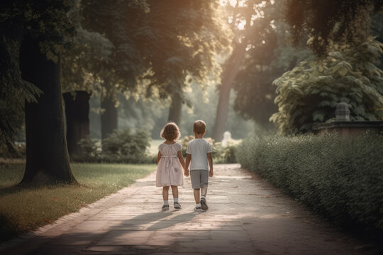 Young children walking by hand in the park, love and friendship concept, brother and sister holding hands generative ai