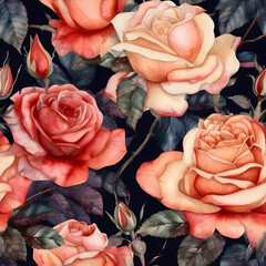 Seamless water colour pink roses and green / blue leaves.  Tile Pattern on a dark background