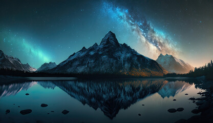 Fototapeta na wymiar Starry Night with Aurora over a Beautiful Mountain and Lake Created Using Generative Ai