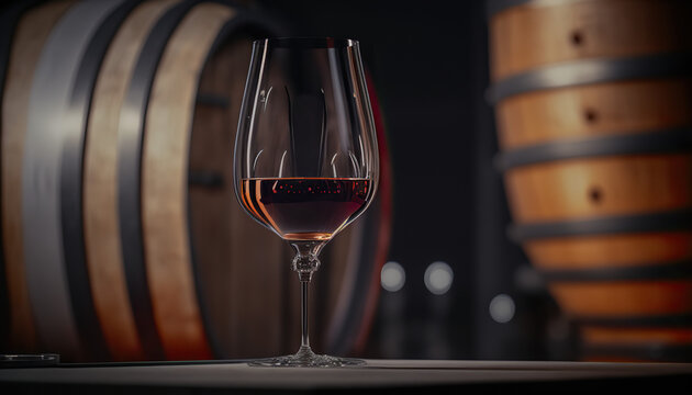 Elegant glass of red wine on wooden table and background with wine cellar.