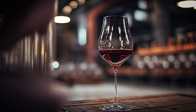 Elegant glass of red wine on wooden table and background with wine cellar.