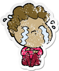 distressed sticker of a cartoon man crying