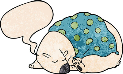 cartoon polar bear sleeping and speech bubble in retro texture style