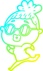cold gradient line drawing cartoon woman running wearing sunglasses