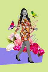 Banner collage gorgeous hippie lady enjoy fresh bloom blossom peonies wear funky dress make step floral green color background