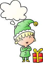 cartoon happy christmas elf and thought bubble in smooth gradient style