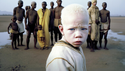 African tribe look at albino boy from their tribe and seem to reject him. - obrazy, fototapety, plakaty