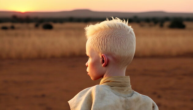 Portrait Of Albino Boy With Sunset In The Background Behind The Mountain.