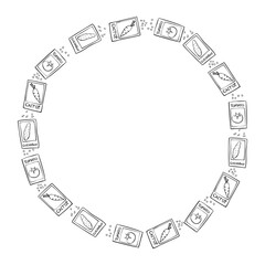 Vector round frame from outline paper bags with seeds vegetables. Border, decoration on topic of gardening, farming, agriculture