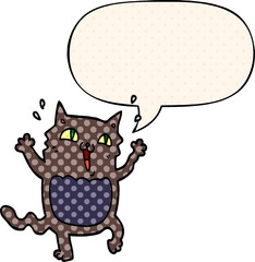 cartoon crazy excited cat and speech bubble in comic book style